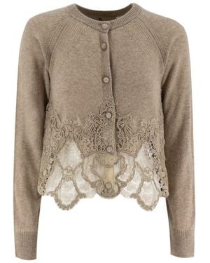 Ermanno Scervino Lace-Trimmed Crewneck Cardigan - Natural