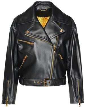 Versace Luxurious Zip-Up Leather Biker Jacket For - Black