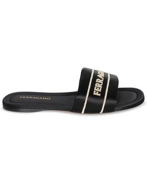 Ferragamo Logo Embroidered Slides - Black