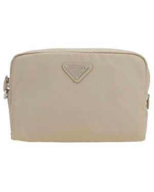 Prada Logo Plaque Zip-Up Pouch - Grey