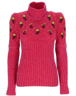 Cormio Oma Floral Embroidery Turtleneck Sweater - Pink