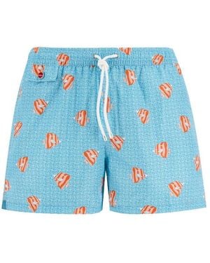 Kiton Fish-Printed Drawstring Swim Shorts - Blue