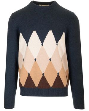 Ballantyne Double Yarn Diamond Knit Jumper - Blue