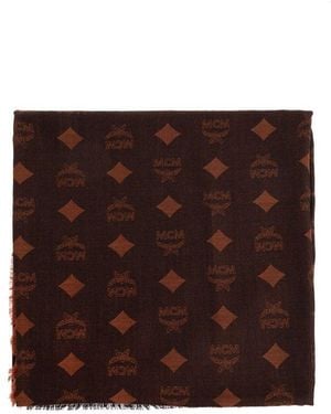 MCM Logo Printed Frayed Edge Scarf - Brown