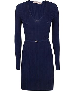 Twinset Belt Short Ribbed Knit Dress - Blue