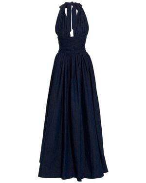 Rochas Halterneck Ruched Denim Maxi Dress - Blue