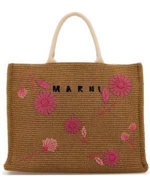 Marni Floral Appliqué Large Basket Bag - Brown
