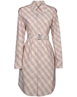 Burberry Checked Belted Waist Shirt Dress - Natural