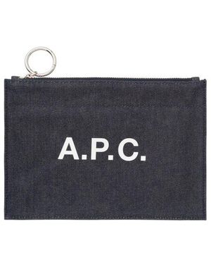 A.P.C. Logo Printed Zip-Up Card Case - Blue
