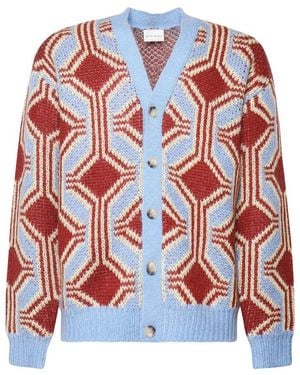 Drole de Monsieur Patterned Drop Shoulder Knitted Cardigan - Red