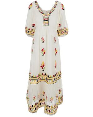 Rene' Derhy 'Candice' Long Dress With Wide Neckline On The Front And All-Over Embroidery - White
