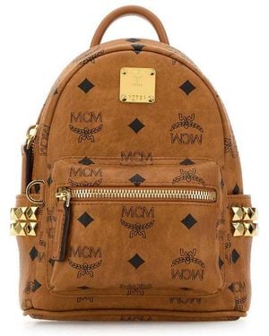 MCM All-Over Logo-Printed Zipped Backpack - Brown