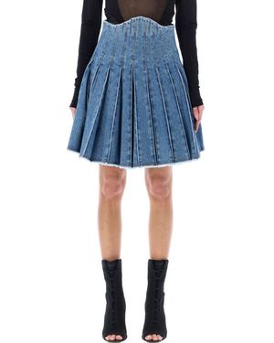 Balmain Pleated Denim Mini Skirt - Blue