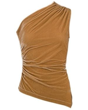 Atlein One Shoulder Draped Sleeveless Velvet Top - Brown