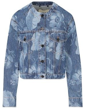 Fendi Floral Printed Cropped Crewneck Denim Jacket - Blue