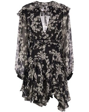 Elisabetta Franchi Printed Silk Voile Dress With Ruffles - Black