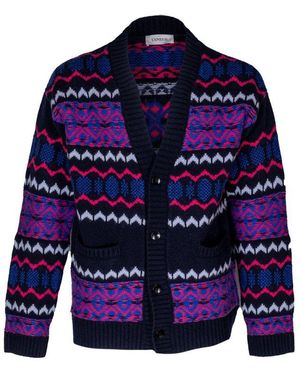Laneus Intarsia-Knit V-Neck Cardigan - Blue