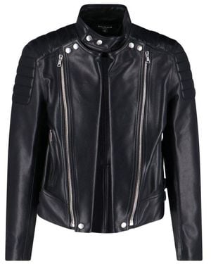 Balmain High-Neck Leather Jacket - Black