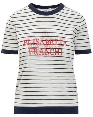 Elisabetta Franchi Logo Embroidered Striped T-Shirt - Grey
