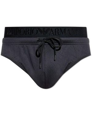 Emporio Armani Logo Waistband High Waist Swim Trunks - Black