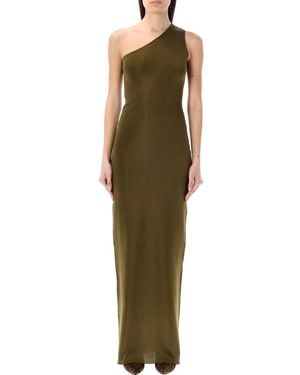 Saint Laurent One-Shoulder Silk Long Dress - Green