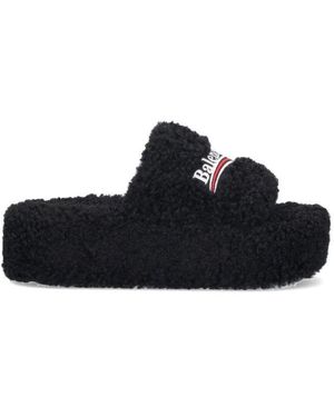 Balenciaga Faux Fur Platform Sandals - Black
