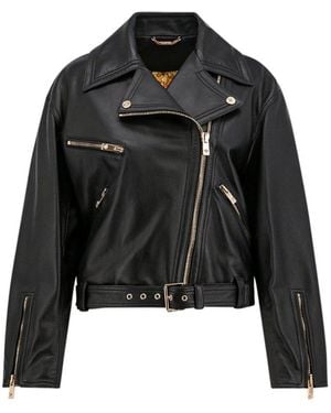 Versace Luxurious Zip-Up Leather Biker Jacket For - Black