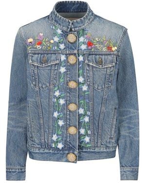 Valentino Floral Embroidered Button-Up Denim Jacket - Blue