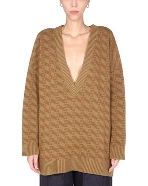 Jejia Jacquard V-Neck Knit Jumper - Natural