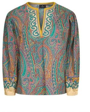 Etro Paisley Print Stretch Cotton Poplin Blouse - Green
