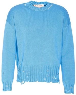 Marni Distressed Crewneck Knit Sweater - Blue