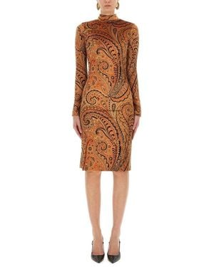 Etro Paisley-Printed Long Sleeved Midi Dress - Brown