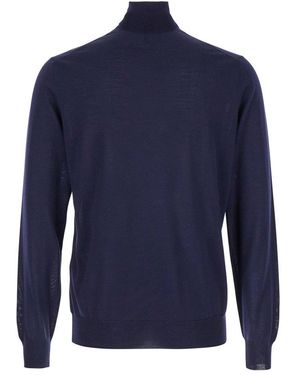 Plain Turtleneck Sweater With Rib Trim - Blue