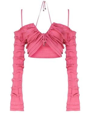 Blumarine Knitted Ruffled Cropped Cardigan - Pink