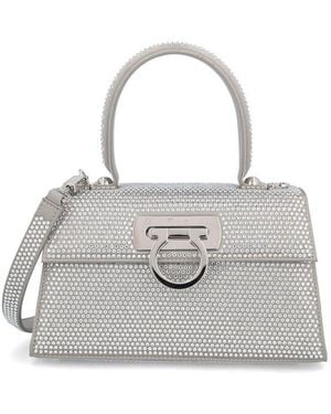 Ferragamo Iconic Embellished Gancini Buckle Tote Bag - White