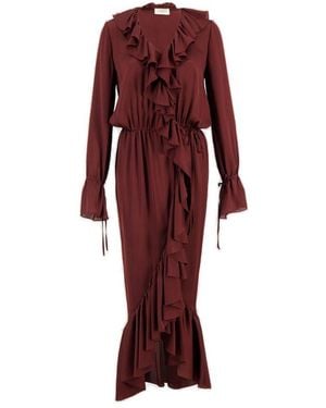 Saint Laurent Ruffled V-Neck Wrap Dress - Red