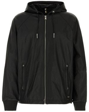 BOSS Hooded Drawstring Leather Jacket - Black