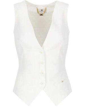 Elisabetta Franchi Ivory Linen Blend Gilet - White