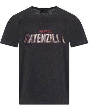 DSquared² Distressed Crewneck Printed T-Shirt - Black
