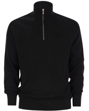 Brunello Cucinelli English Rib Cotton Jumper With Zip Opening And Raglan Sleeves - Black