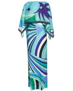 Emilio Pucci Iride Print Long Silk Dress With Cape - Blue