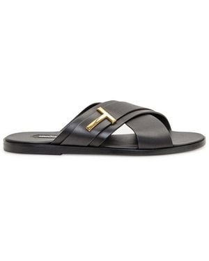 Tom Ford T Plaque Crossover Strap Sandals - Black