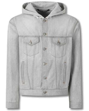 Palm Angels Logo Printed Hooded Denim Jacket - Grey