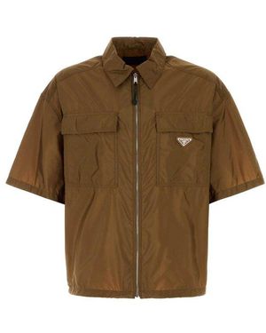 Prada Logo Plaque Zip-Up Shirt - Brown