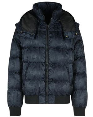 Balmain Short Nylon Jacquard Down Jacket With Monogram - Blue