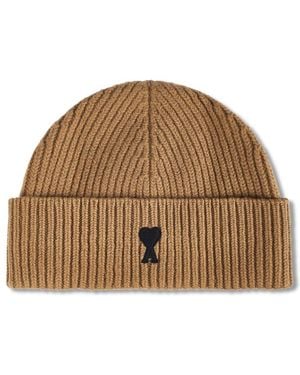 Ami Paris Paris De Coeur Ribbed Beanie - Brown
