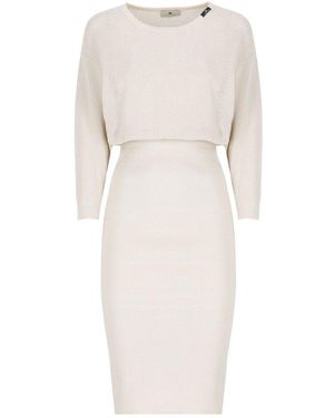 Elisabetta Franchi Organza-Appliqué Striped Knit Midi Dress