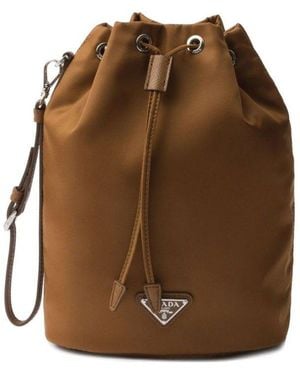 Prada Logo Plaque Drawstring Bucket Bag - Brown