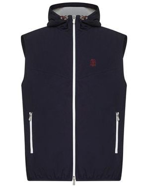 Brunello Cucinelli Logo Embroidered Zip-Up Hooded Gilet - Blue