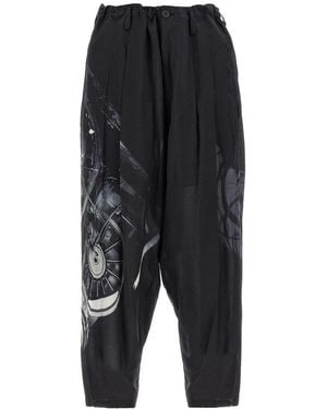 Yohji Yamamoto Wheel-Print Pleated Trousers - Black